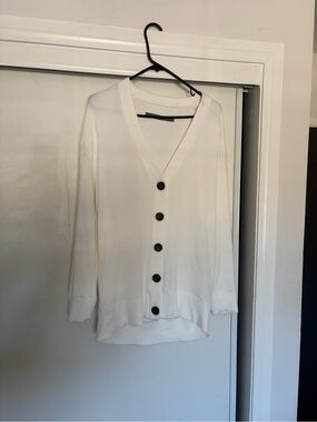 Enza Costa Lightweight White V-Neck Button Cardigan Sweater